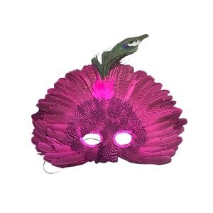 Pink Feather Masquerade Mask with Peacock Feather